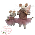 Pink ballerina felted mice Christmas ornaments with a pink bottle brush tre