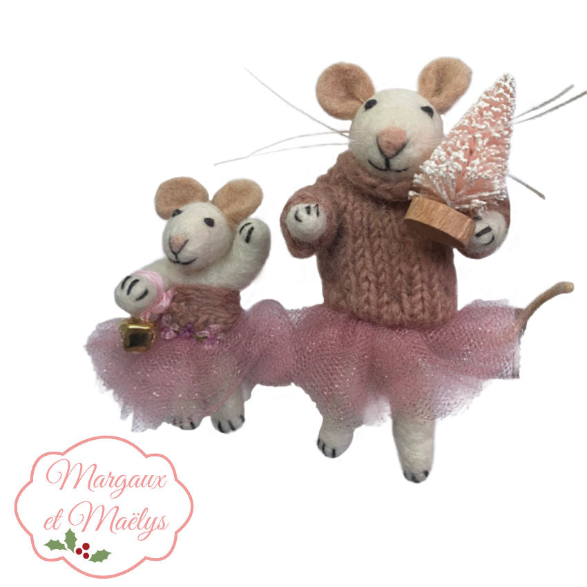 Pink ballerina felted mice Christmas ornaments with a pink bottle brush tre