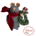 Maxime Holiday Felted Christmas French mouse wearing a red velvet scarf and carrying a Christmas Wreath for Aunt clementine as a gift