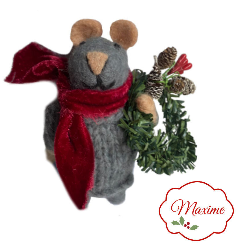Maxime Holiday Felted Christmas French mouse wearing a red velvet scarf and carrying a Christmas Wreath for Aunt clementine as a gift
