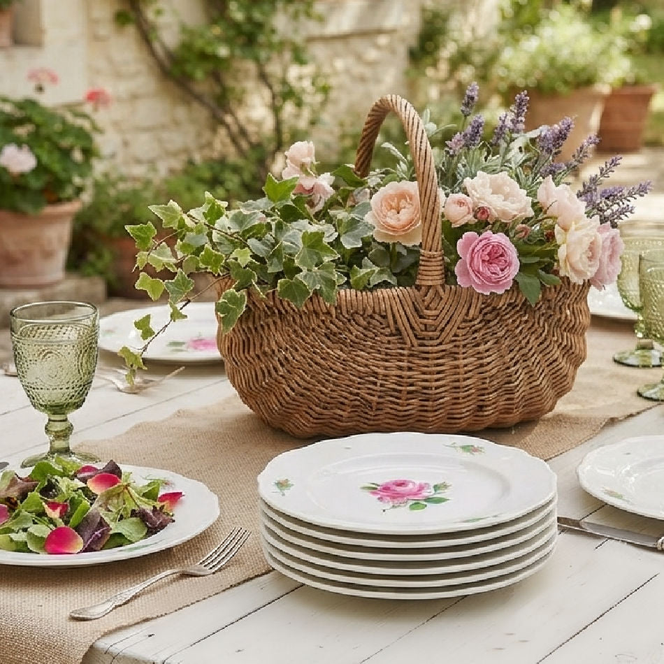 Meissen Rose plates sytled outside with a gorgeous bouquet of garden roses, ivy and lavender in a french country garden.