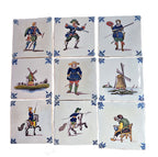 Suite of 9 Hand-Painted Makkum Delft Tiles – 17th-Century Dutch Figures & Windmills, Royal Tichelaar Masterwork