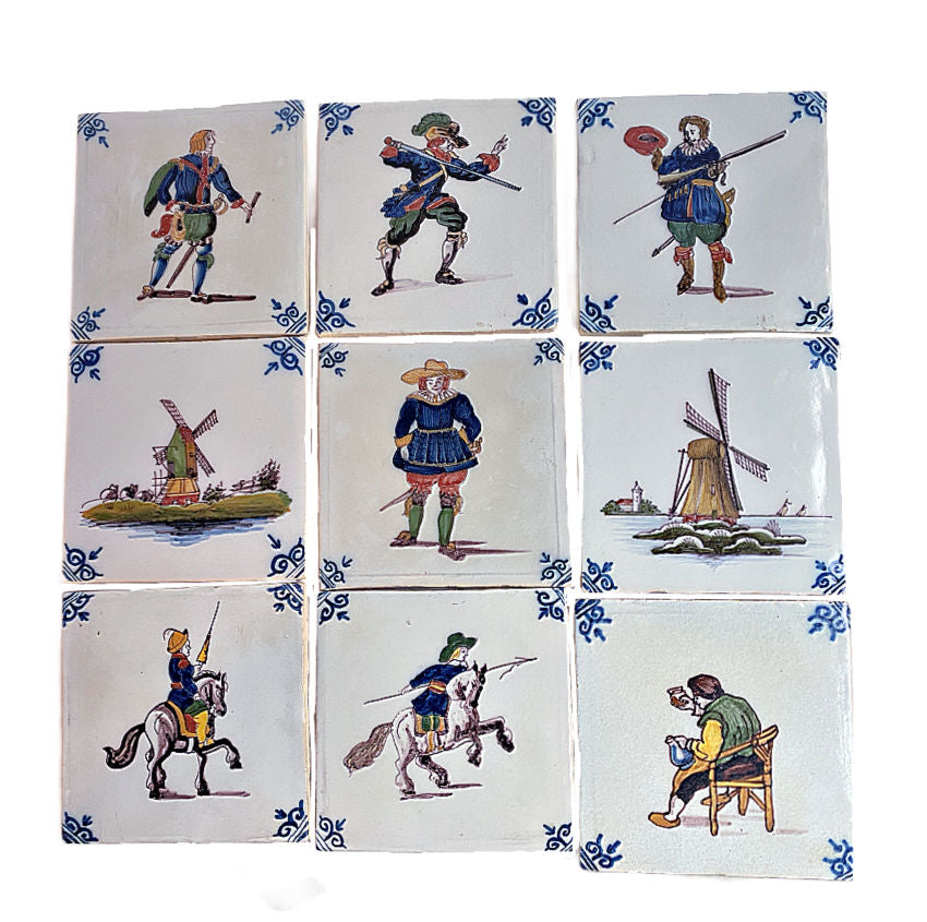 Suite of 9 Hand-Painted Makkum Delft Tiles – 17th-Century Dutch Figures & Windmills, Royal Tichelaar Masterwork