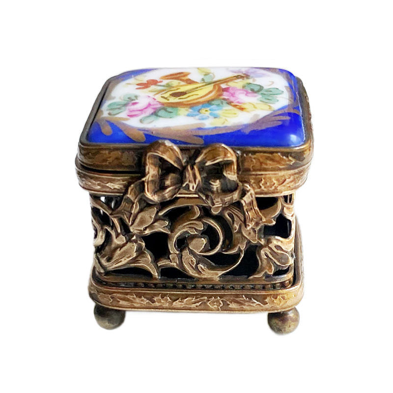 Miniature Gilt Bronze Box with Hand Painted Limoges Top Musical Instruments