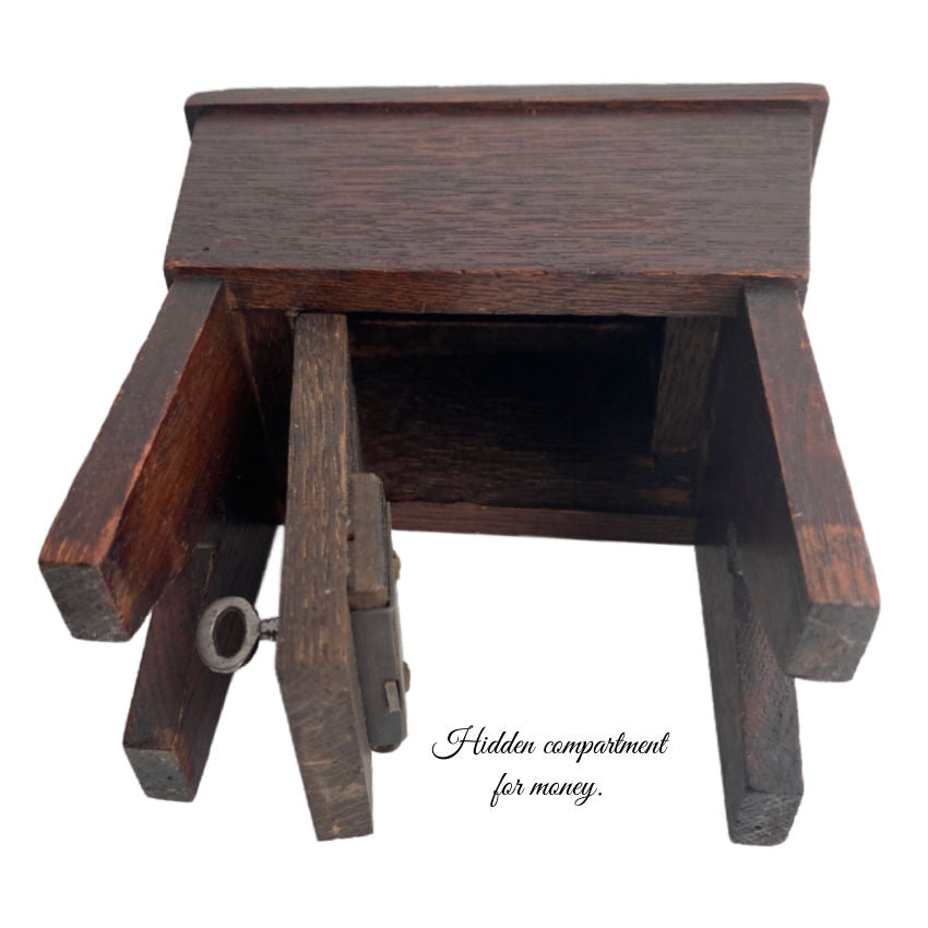 Antique wood money coin bank with hidden access and key