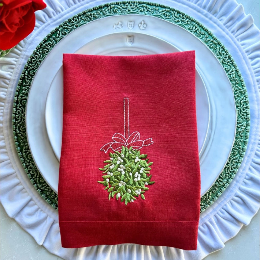 Holiday Mistletoe Ball Tri-Fold Napkin Set of 2