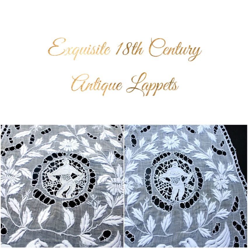 18th Century Hand Embroidered Ayrshire Figural Lace Lappets