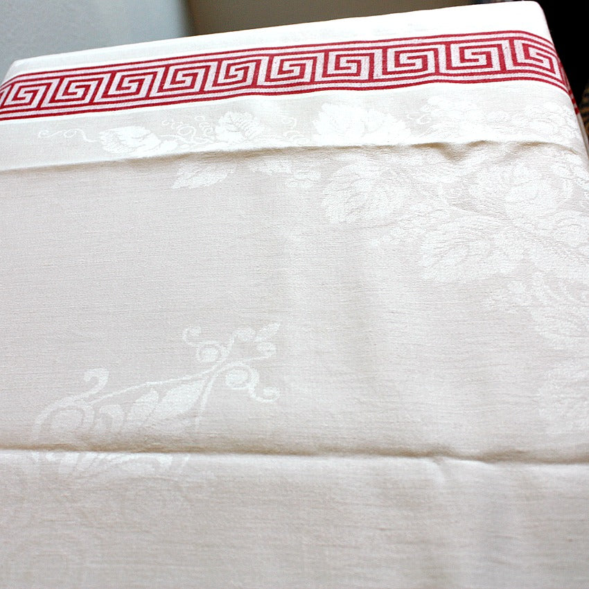 Antique French Red &amp; White Fringed Linen Damask Tablecloth