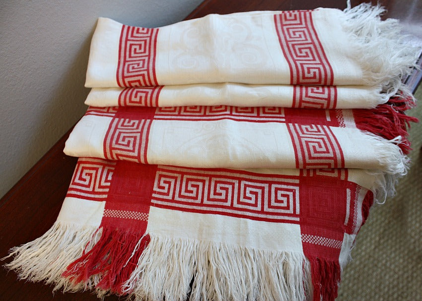 Antique French Red &amp; White Fringed Linen Damask Tablecloth