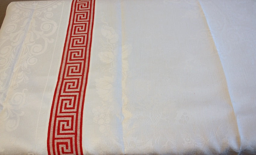 Antique French Red &amp; White Fringed Linen Damask Tablecloth