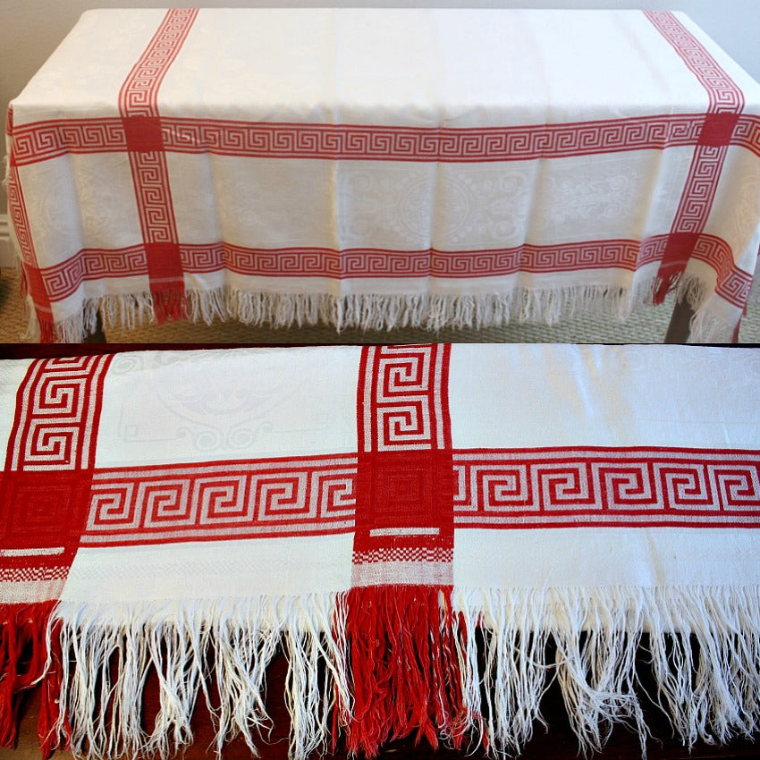 Antique French Red & White Fringed Linen Damask Tablecloth