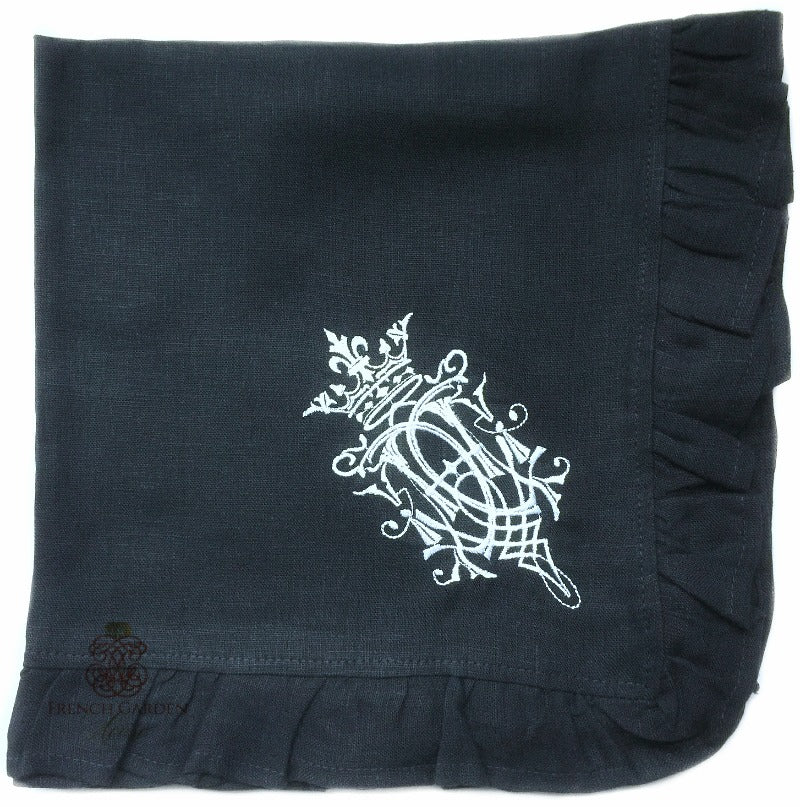 Navy Blue Linen Royal Crest Ruffled Napkin Set of 6