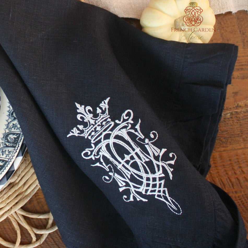 Navy Blue Linen Royal Crest Ruffled Napkin Set of 6