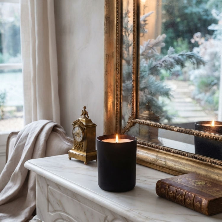 Noël en Fleurs luxury candle glowing on a marble mantel in an elegant French-inspired winter interior