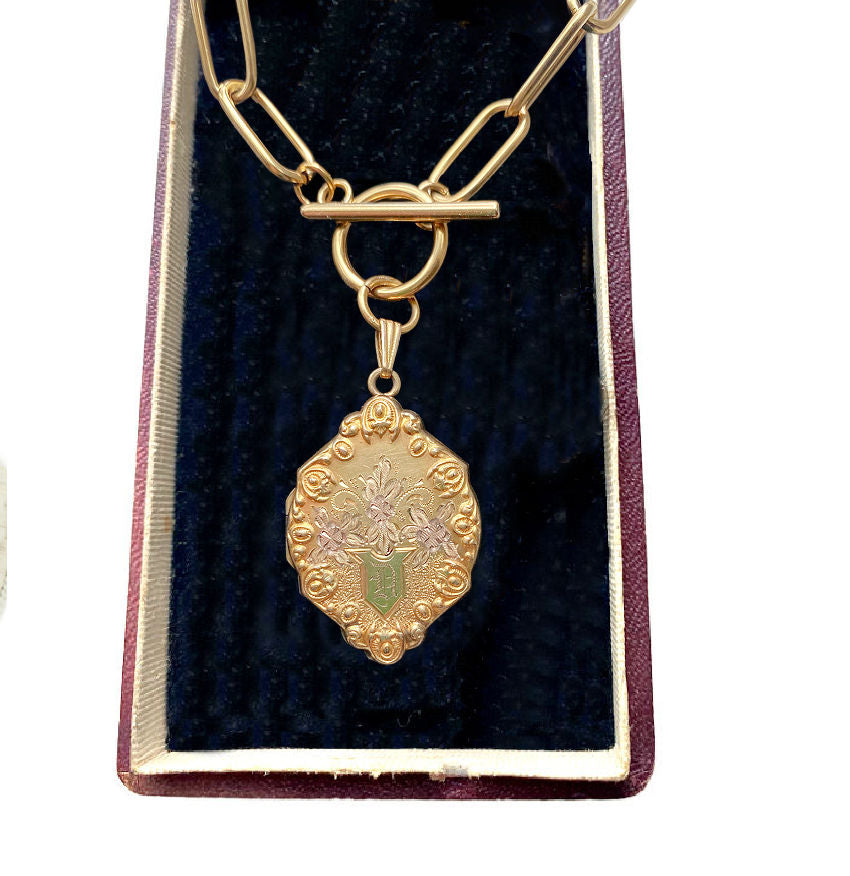 Objet Trouvé Antique Monogrammed D Floral Locket Charm Necklace in Gold