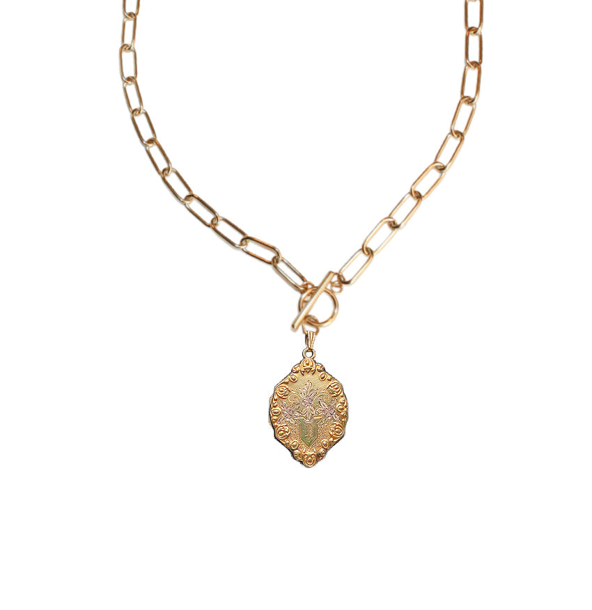 Objet Trouvé Antique Monogrammed D Floral Locket Charm Necklace in Gold