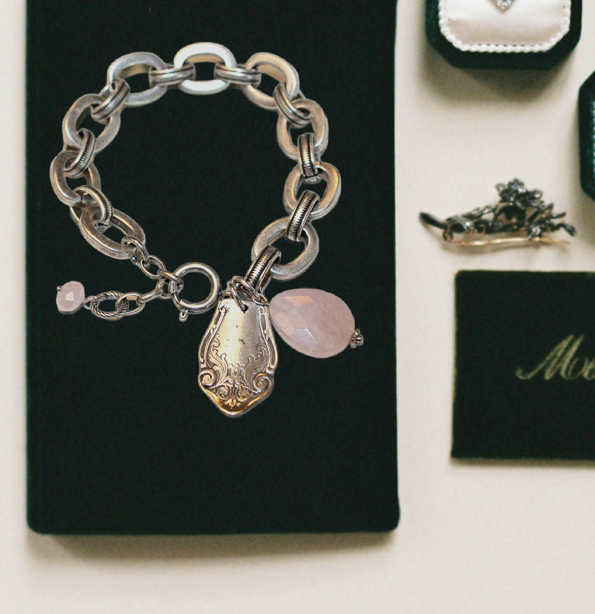 Sterling Charm Bracelet with Rose quartz charm