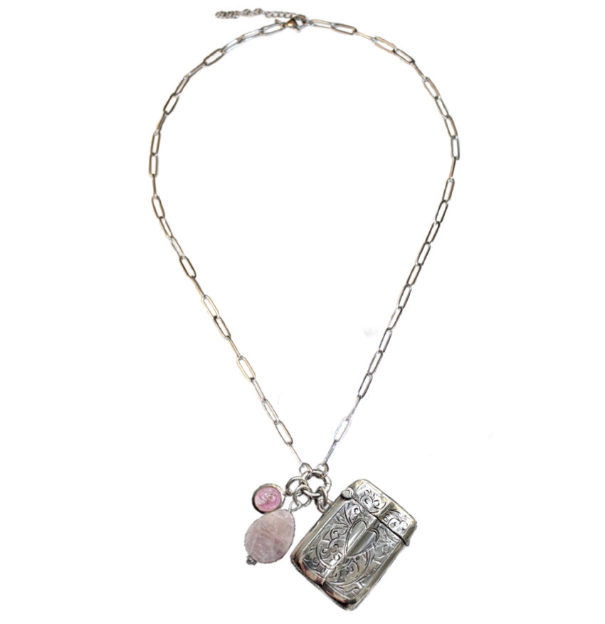 Objet Trouvé Antique Sterling Match Safe with Heart Charm Necklace