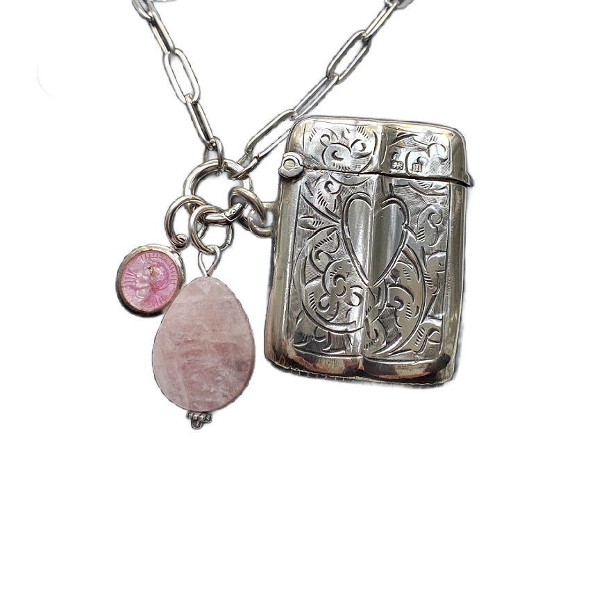 Objet Trouvé Antique Sterling Match Safe with Heart Charm Necklace