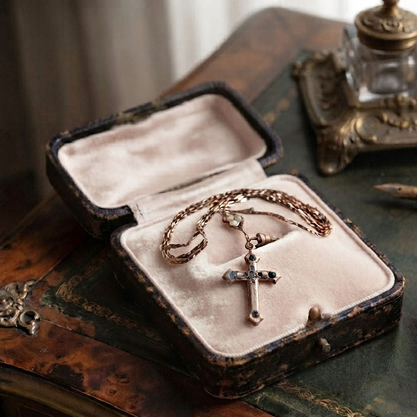 Objets Trouvé Antique Gold Cross & Opal Slide Chain Necklace