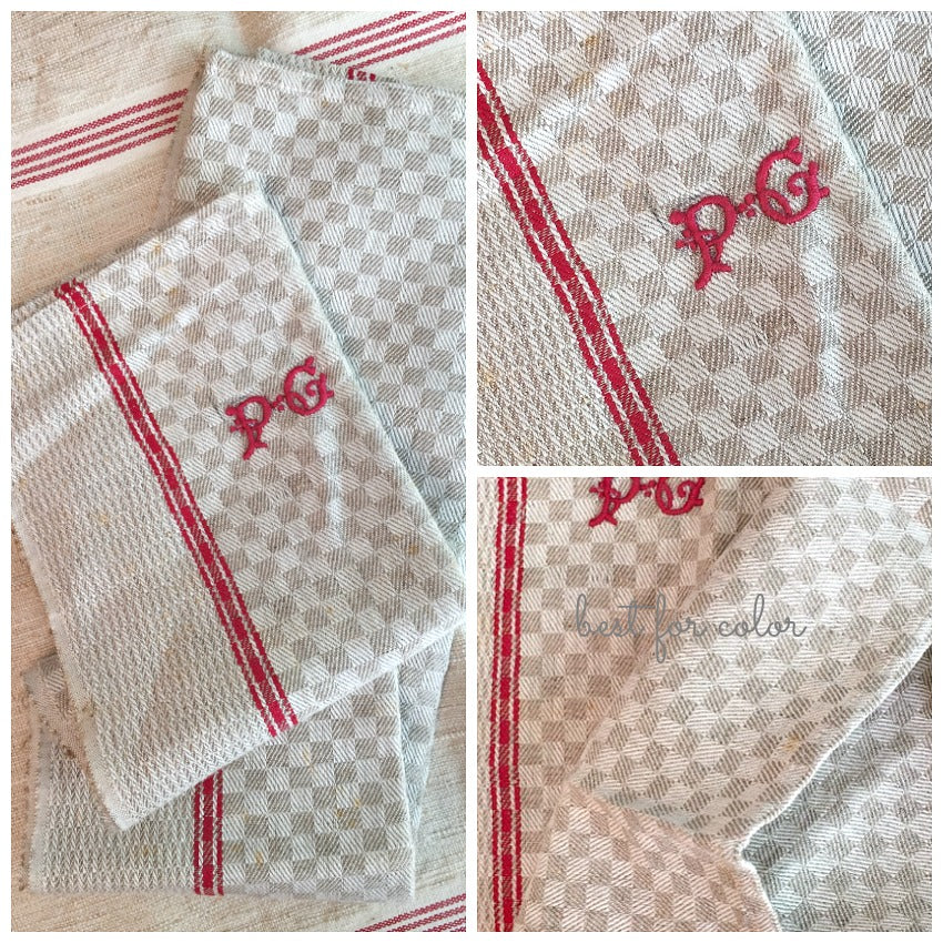 Antique Linen Checked Towel Red Monogram PG