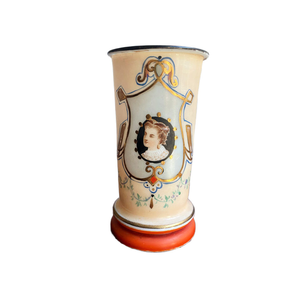 Hand painted lady portrait opaline mantel vase with gilt decoration