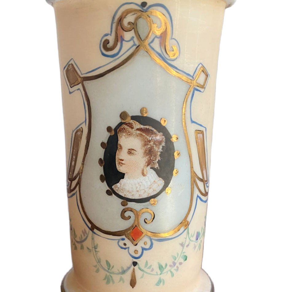 Hand painted lady portrait opaline mantel vase with gilt decoration detail close up showing hand painted