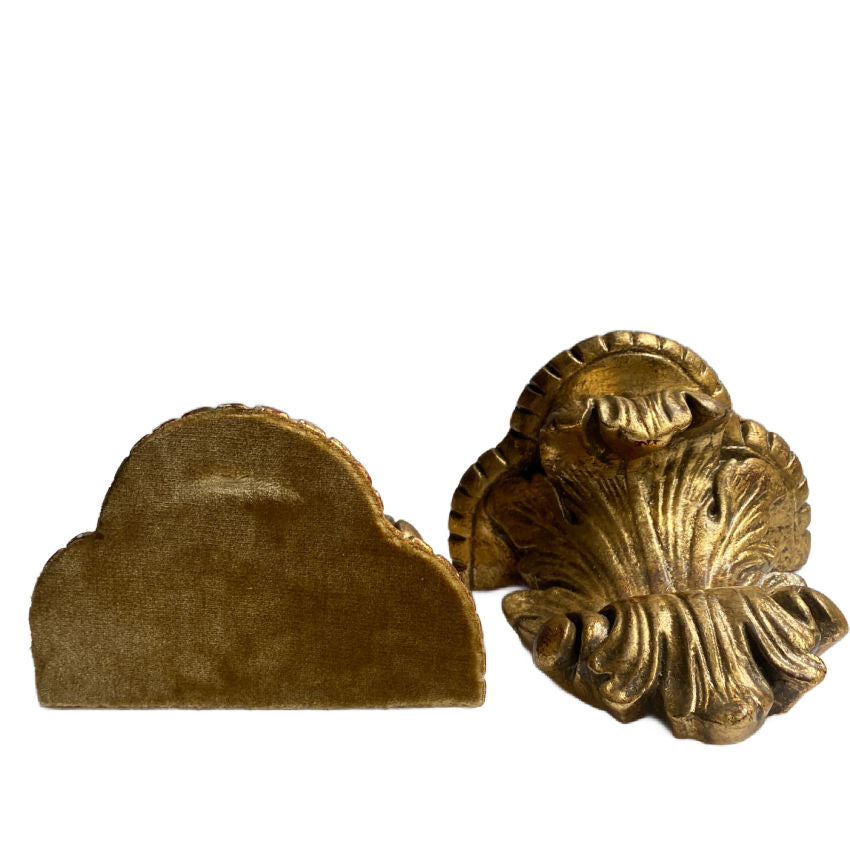 Pair of vintage Italian gilt plaster brackets, with acanthus detail and warm patina. Elegant wall décor for displaying art or adding Italian charm. with silk velvet