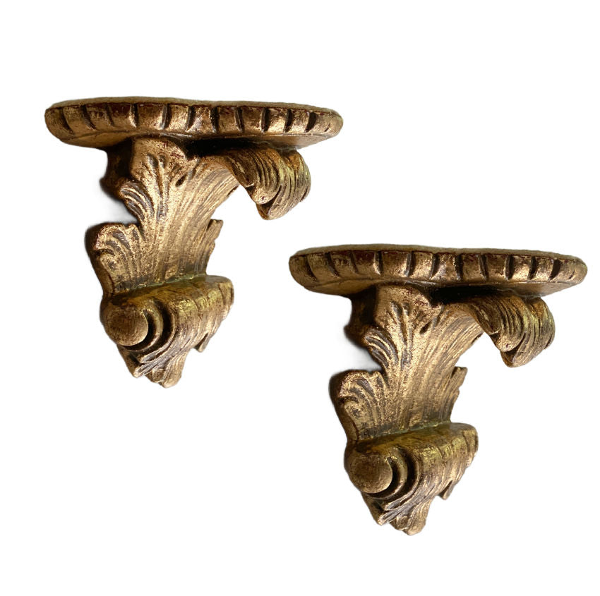 Italian gilt brackets, vintage plaster brackets, Italian wall shelves, gilt wall brackets, Florentine décor, Italian decorative arts, gold wall corbels, vintage Italian décor, Hollywood Regency wall décor, architectural brackets, mid-century Italian wall shelves, collectible wall brackets