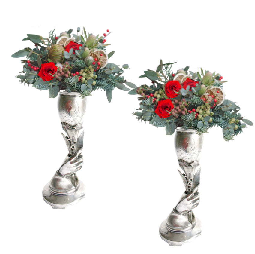 Pair Antique Silver Plated Hand Lily of the Valley Vases