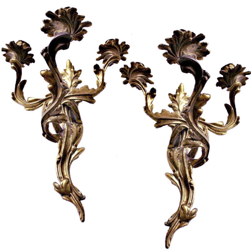 Pair French Louis XV Style Bronze Wall Sconces