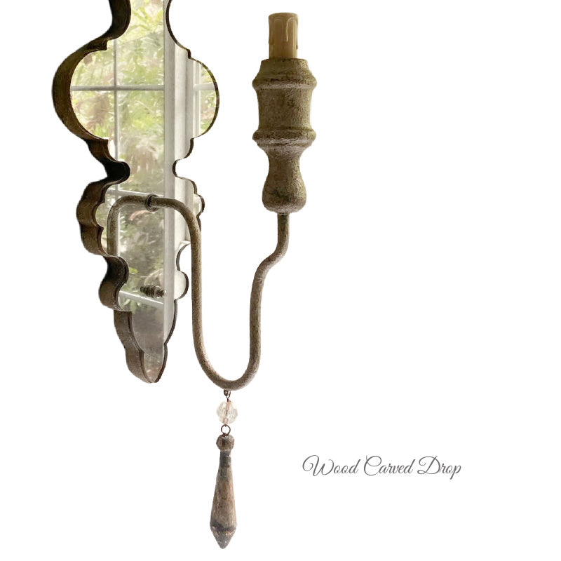 Silvered mirrored one-light wall sconces with wood drop