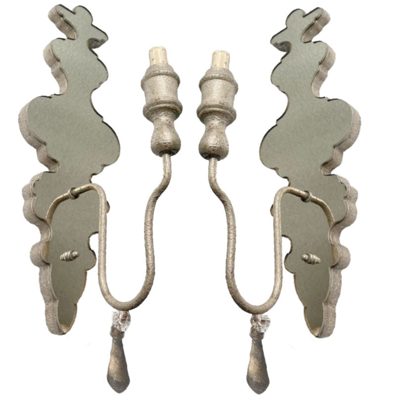 Pair Transitional Silvered Mirrored One Light Wall Sconces