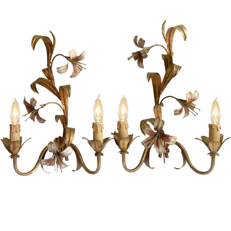 Pair Vintage Gilt Tole Floral Sconces
