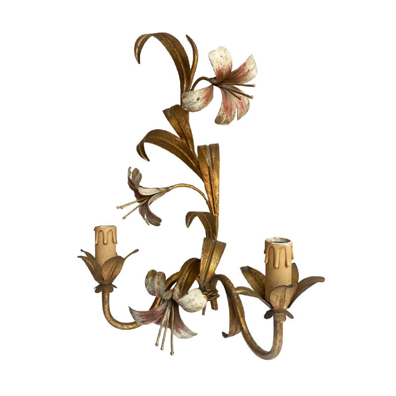 European mid-century pair of wall sconces with aged patina and gold leaves