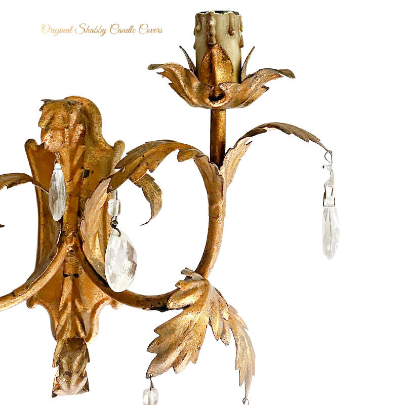 Pair Vintage Italian Gilt Tole Palm Frond Two Arm Sconces