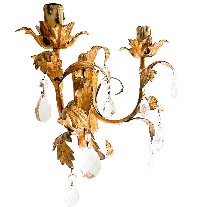 Pair Vintage Italian Gilt Tole Palm Frond Two Arm Sconces