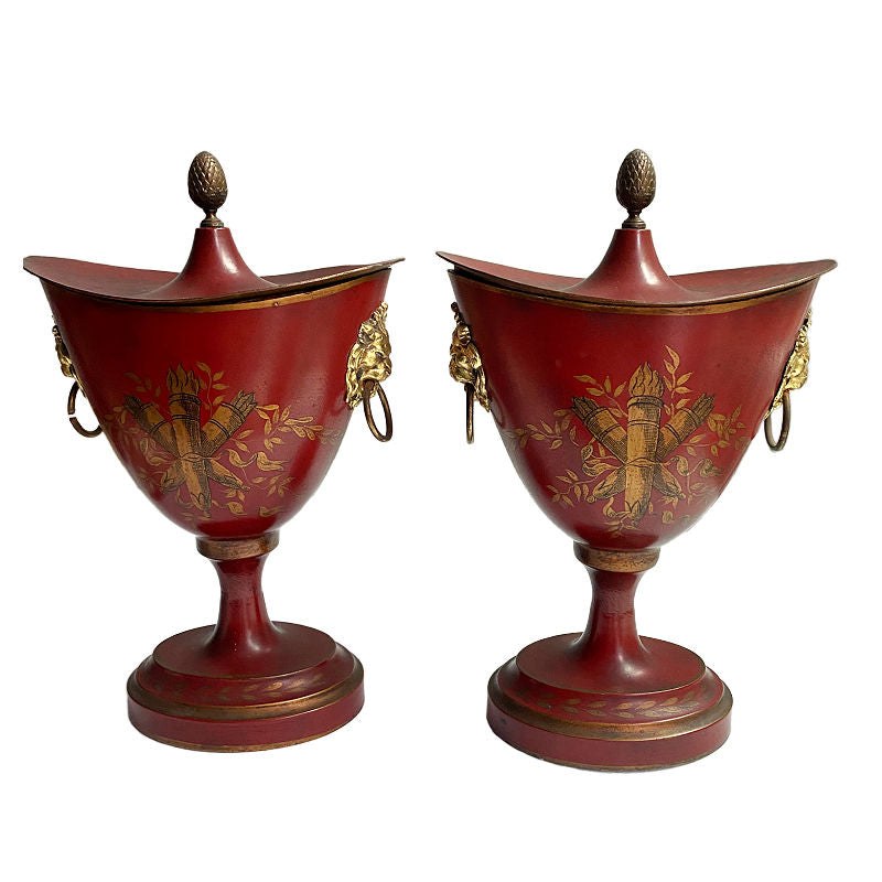 Red lacquer and gold decorative French urns back hand painted with laurel branches and quil and arrows