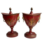 Red lacquer and gold decorative French urns back hand painted with laurel branches and quil and arrows
