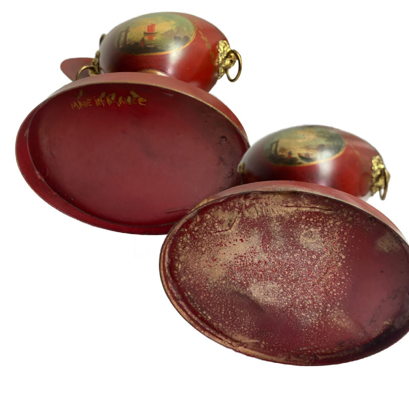 Pair of 19th century French red tole chestnut urns underside signed France