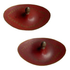 Pair of 19th century French red tole chestnut urns top of lids with hand painted gilt laurel leaf garlands and pineapple finials