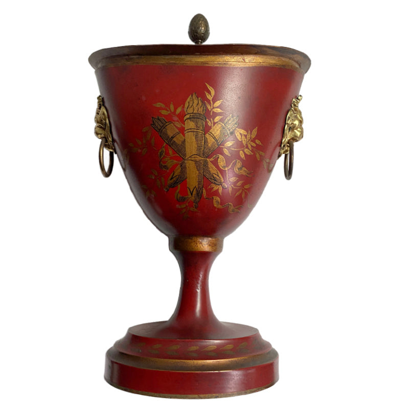 Antique French toleware urns with gilded accents back painted in gold