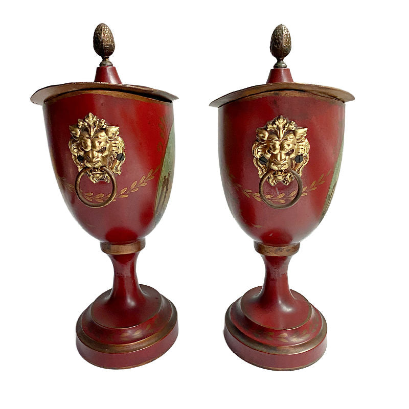 Pair of 19th Century French Red Tole Chestnut Urns