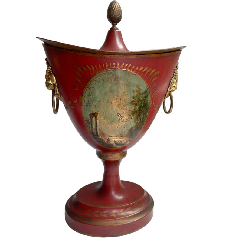 Antique French toleware urns with gilded accents front detail