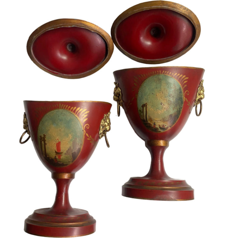 Pair of 19th Century French Red Tole Chestnut Urns