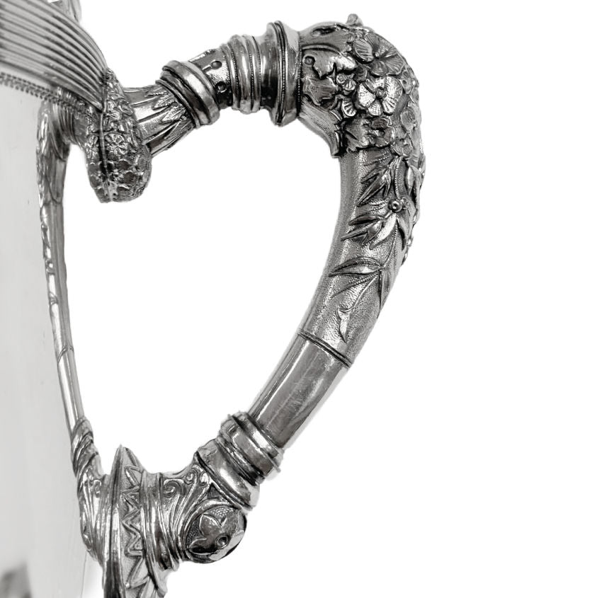 Meriden Britannia, Victorian silver plate, antique teapot, silver plated teapot, ornate teapot pair, repoussé silver, engraved silver, footed teapot, botanical handle, Gilded Age silver, collectible silver plate, American Victorian silver, decorative antique, FrenchGardenHouse antiques