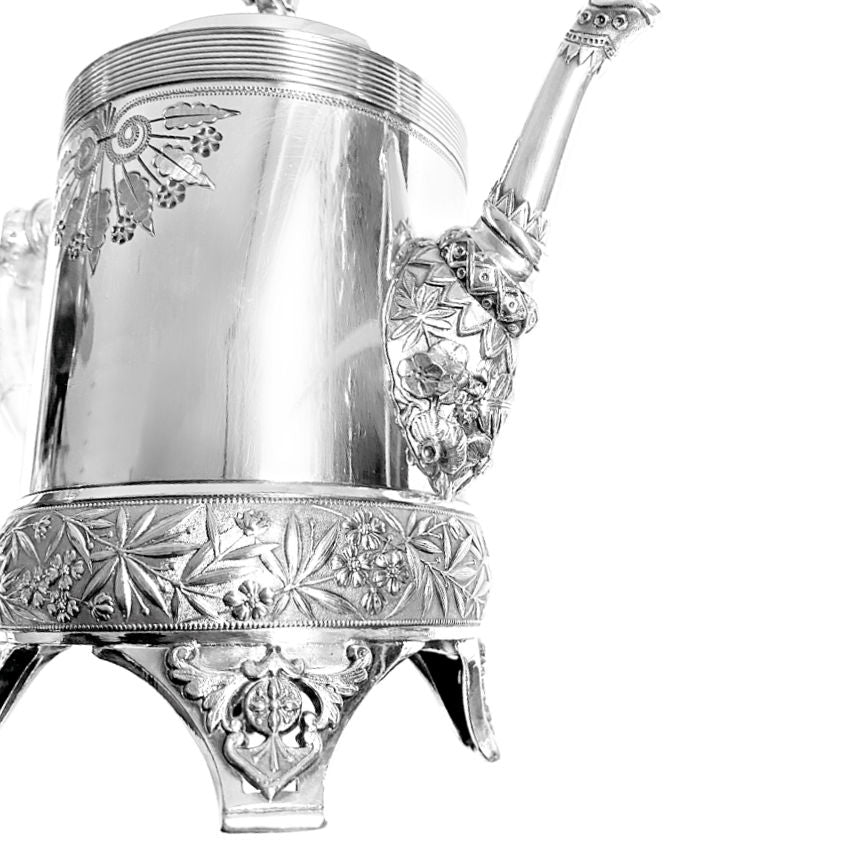 Meriden Britannia, Victorian silver plate, antique teapot, silver plated teapot, ornate teapot pair, repoussé silver, engraved silver, footed teapot, botanical handle, Gilded Age silver, collectible silver plate, American Victorian silver, decorative antique, FrenchGardenHouse antiques