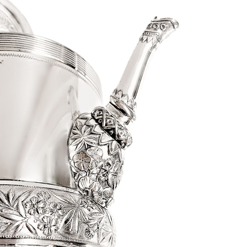 Meriden Britannia, Victorian silver plate, antique teapot, silver plated teapot, ornate teapot pair, repoussé silver, engraved silver, footed teapot, botanical handle, Gilded Age silver, collectible silver plate, American Victorian silver, decorative antique, FrenchGardenHouse antiques