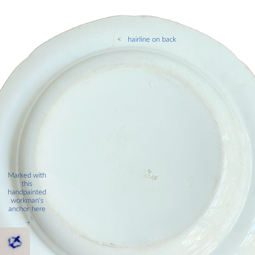 Early Spode transferware plates pair circa 1815–1825 England marked anchor
