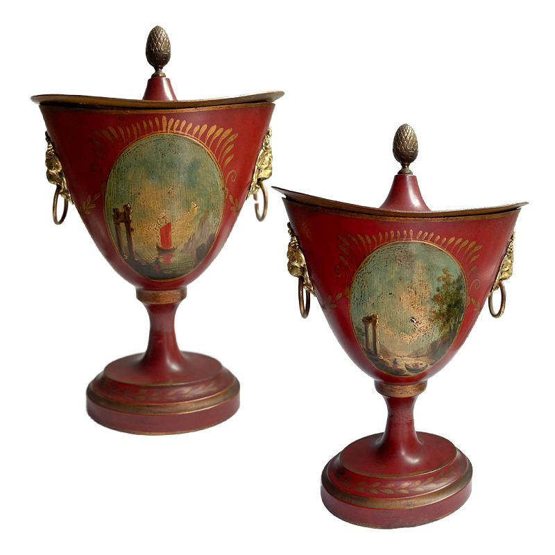 Pair of 19th Century French Red Tole Chestnut Urns